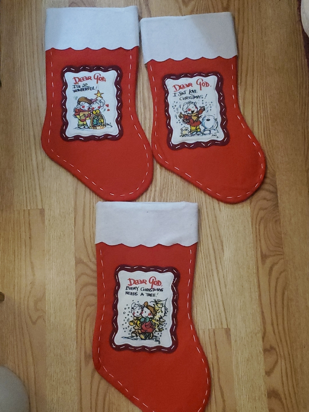 Dear God Red & White Christmas Stockings with Cute Prayer Panels - Set of 3
